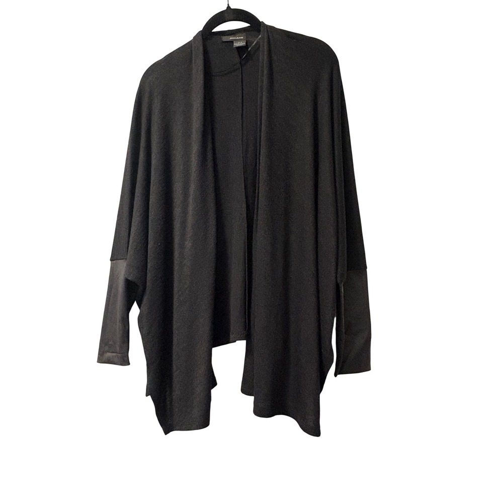 DKNY Jeans Black Open Front Cardigan Faux Leather Sleeve Dolman Knit Medium